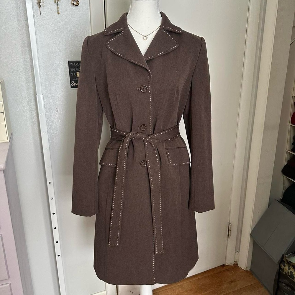 Brown and pink Loft belted coat with pink stitching